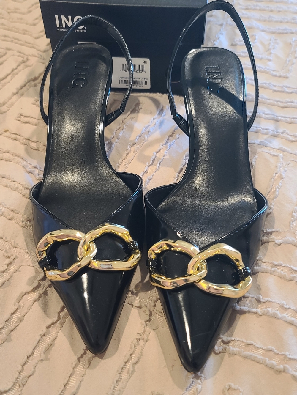 INC International Concepts Black Patent Slingback Pumps with Gold Chain Detail.